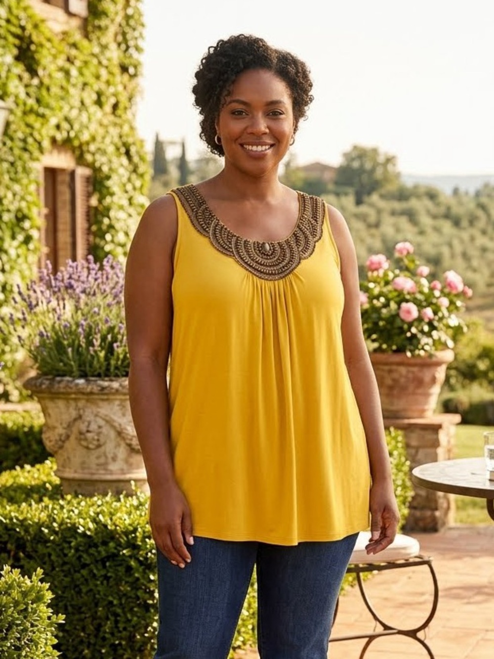 Dress Barn Yellow Embroidered Scoop Neck Sleeveless Top Size XL